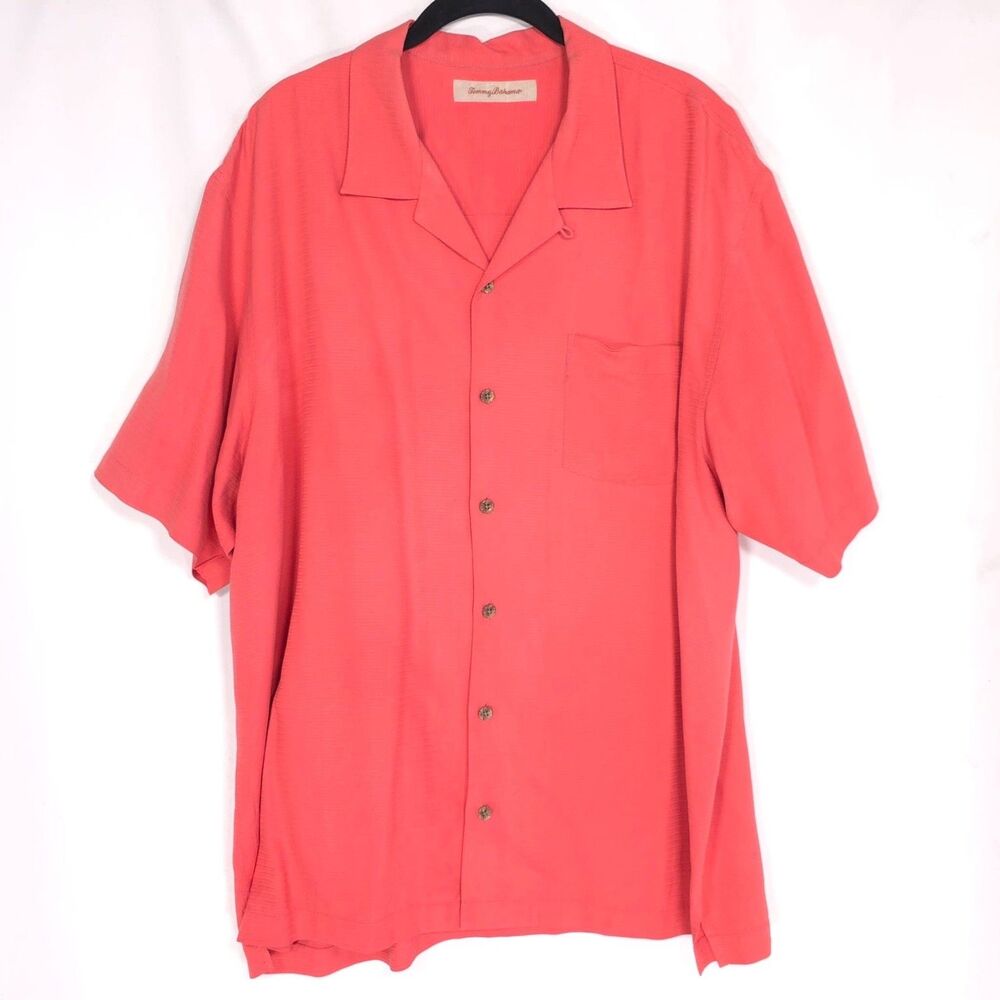 TOMMY BAHAMA 100% Silk Button Front Camp Shirt Coral Short Sleeve Men Size XL
